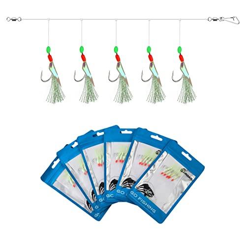 Luroad 6 Sea Fishing Rigs 30 Ganci, pre Legato Piume di Sgombro Rigs con Perline Luminose Bionic Flying Insects Lure Rigs per sgombro, Pollock, Merluzzo, Aringa (flash fluro, gancio misura 12+16+18)