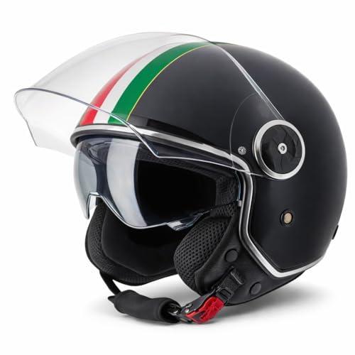 VINZ Neiva Casco Jet Doppia Visiera VIntage | Casco Scooter / Moto| Bandiera Italiana | Donna E Uomo | Certificato ECE 22.06 | nelle taglie dalla XS-XXL - Nero opaco - M (57 - 58 cm)