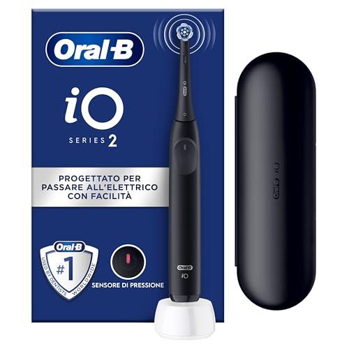 Oral-B iO 2 Spazzolino Elettrico Oral B, Nero, 1 Testina Di Ricambio, 1 Custodia Da Viaggio, Spazzolino, Delicato sulle Gengive, Efficace sulla placca, Sensore di Pressione