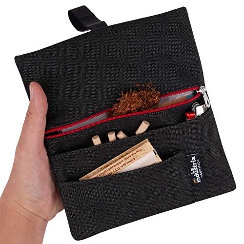 Portatabacco Idrorepellente Uomo e Donna - Astuccio Porta Tabacco, Cartine, Filtri e Accendino, Fatto a Mano (Cerniera rossa)