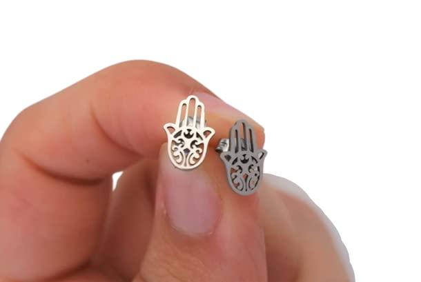 ⊹⊱✿ TAPPO IN ACCIAIO INOX MANO ARGENTO ✿⊰⊹ orecchini color argento, mano di Fatima, Hamsa, anallergico, plug