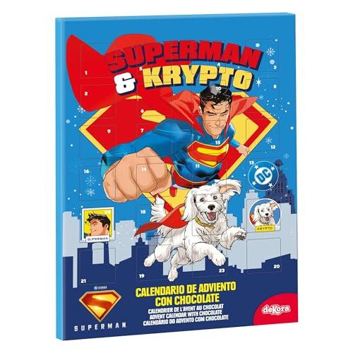 dekora - Calendario dell’Avvento Superman & Krypto – 50 g Cioccolato al Latte – Calendario Avvento Bambini 2025 – DC Comics – 24 Cioccolatini Regalo