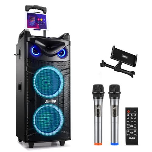 Moukey Casse Karaoke, Sistema PA a doppio woofer con 2 Microfoni wireless, Luci da discoteca, Regolazione di eco/alti/bassi, Altoparlante portatile Bluetooth Supporto TWS/REC/AUX/MP3/USB/TF/FM