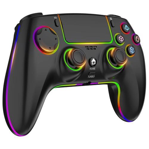 MYSTILUCK Controller Wireless per PS-4/PS-3/Pro/PC/MAC/iOS/Android10/Steam Deck, Controllore con illuminazione RGB 7 Colori/Doppia Vibrazione/Turbo/Giroscopio 6 Assi/Jack per Cuffie/Batteria 1500 mAh