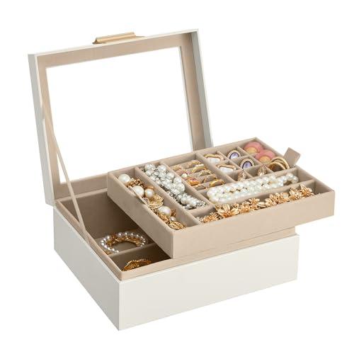 SONGMICS Scatola Portagioie, 2 Livelli, Coperchio in Vetro, Porta Gioielli e Accessori Grandi, Moderno, Bianco Nuvola e Dorato JBC238W01