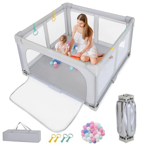 COSTWAY Box per Bambini 127 x 127 cm, Recinto per Bambini Pieghevole in Tessuto Oxford con Rete Traspirante, Box con Giochi che Include 50 Palline, 4 Pezzi Anelli e Borsa (Grigio, 127 x 127 cm)
