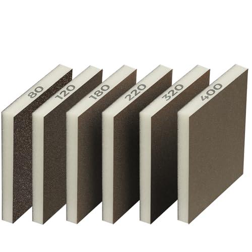 STEBRUAM 6 Spugne Abrasive Grana 80/120/180/220/320/400 - Set Multigrana per Legno, Metallo e Pareti - Spugne Lavabili e Riutilizzabili - Carta Abrasiva Professionale