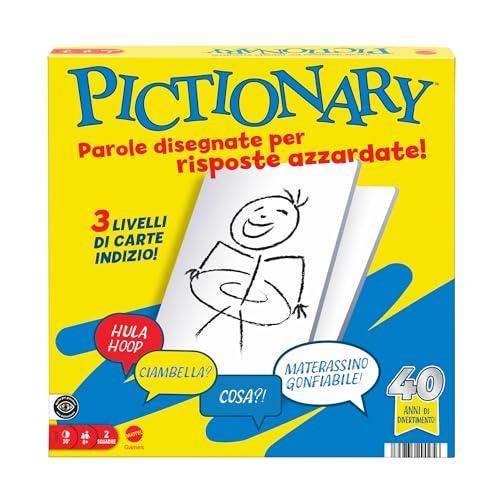 Mattel Games - Pictionary, l'iconico gioco da tavolo per tutta la famiglia, 2 squadre con indizi in italiano, pennarelli cancellabili, lavagnette e clessidra, giocattolo per bambini, 8+ anni, JDY01