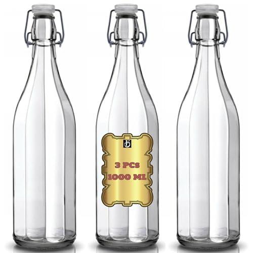 SET 3 BOTTIGLIE VINTAGE VETRO VUOTE DA 1 LITRO CON TAPPO MECCANICO PER ACQUA, OLIO E VINI