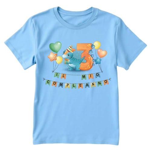 T-shirt in cotone adatto al compleanno 3 anni con tema dinosauro (Celeste, 3/4 anni)