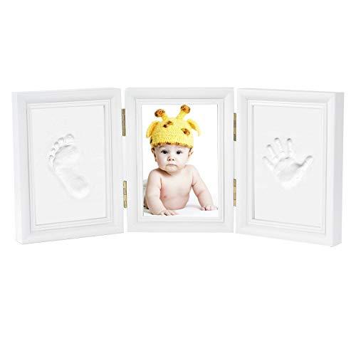 Newlemo Impronta Bambino Cornice Bambino Baby con Porta Foto in Legno per Mani e Piedi del Bambino - Kit Impronte Neonato Perfetto per Neonato Ricordo Regalo (3 Parti, Bianco)