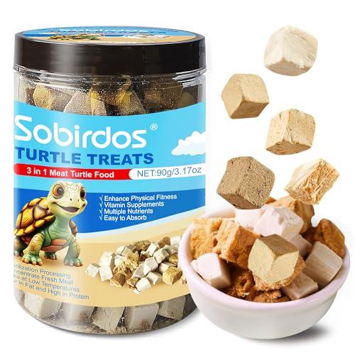 Sobirdos Spuntini alle Tartarughe, 3 in 1 Carne Tartaruga Cibo, Fatto con Carne Fresca, Pollo e Anatra e Pesce Liofilizzato, Arricchito Proteine e Vitamine (90g / 3.17oz) (X)