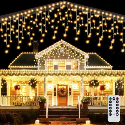 LPAOIS Luci Natale Esterno Cascata 10M 400 LED Tenda Luminosa Prolungabile, 8 Modalità IP44 Impermeabile per Tetto, Balcone, Giardino, Bianco Caldo