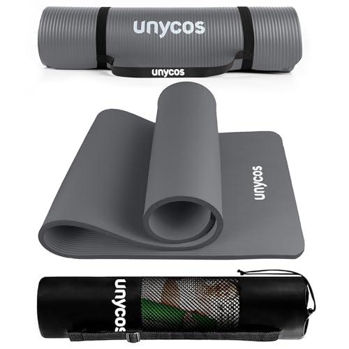 unycos - Tappetino Antiscivolo da Yoga, Pilates e Ginnastica Extra Spesso 10 mm, 183x60 cm, Materassino Fitness con Schiuma NBR Confortevole, Tracolla, Borsa ed E-Book di 50 Esercizi (Grigio)