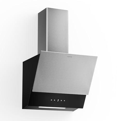 Klarstein Verosteel Cappa Cucina 45cm - Cappa Inclinata, 624 m³/h, Touch, LED, Efficienza A++, Filtro Carbone, Silenziosa, Acciaio & Vetro Nero, 3+Boost Velocità