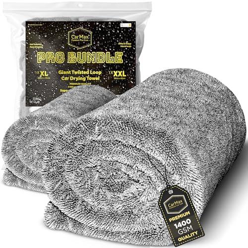 CarMax – Asciugamani per auto originali Twisted Loop Pro Bundle – 1 x 60 cm x 40 cm (XL) e 1 x 90 cm x 60 cm (XXL) – la combinazione perfetta per la pulizia dell'auto per una finitura professionale