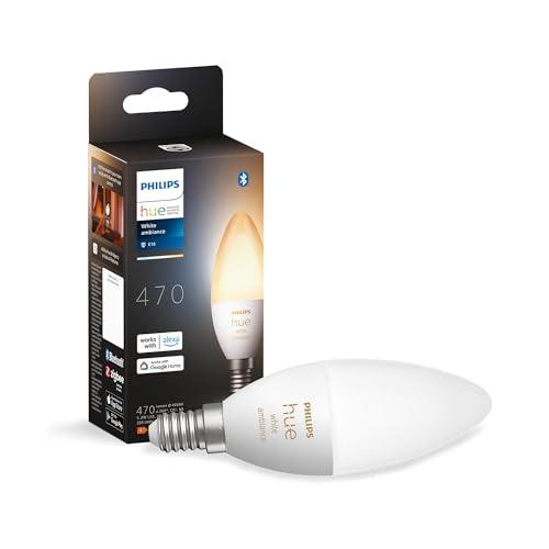 Philips Hue White Ambiance Candela Smart LED, Attacco E14, 4W, Luce Bianca da Calda a Fredda, Dimmerabile, Controllo con Bluetooth e Hue App, Funziona con Alexa, Google Assistant e Apple HomeKit