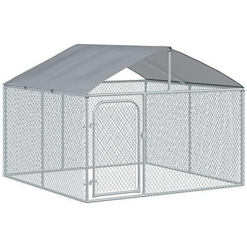PawHut Kennel per Cani da Esterno, Recinto per Animali, Recinto per Cani da Esterno con Copertura Impermeabile, 230x230x175cm, Argento