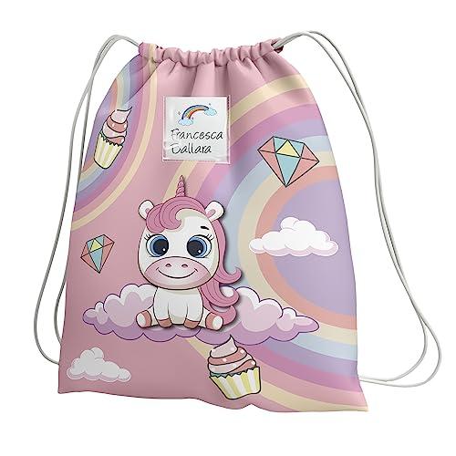 Sacca Asilo con Nome Personalizzata Unicorno - Zainetto Asilo Nido 32x40 cm con Tasca Interna 20x10 cm - Zaino Asilo Bimba per Bambini Piccoli