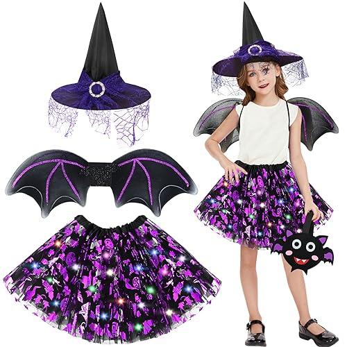 FORMIZON Costume da Pipistrello per Bambina, LED Kit Pipistrello Ragazza, Gonna in Tulle, Ali, Cappello e Sacchetti, Travestimento da Strega Viola, Costume da Fata di Halloween Carnevale Bambina