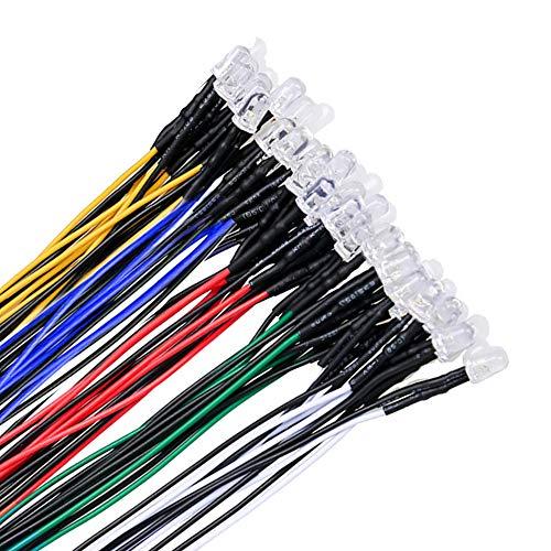 YIXISI 50 Pezzi 5mm Diodo ad Emissione Luminosa LED, Precablata 12V 20cm, per Trasformazione e Illuminazione di Circuiti Automobilistici, Modellazione di Prototipi (Bianca, Rosso, Blu, Verde, Giallo)