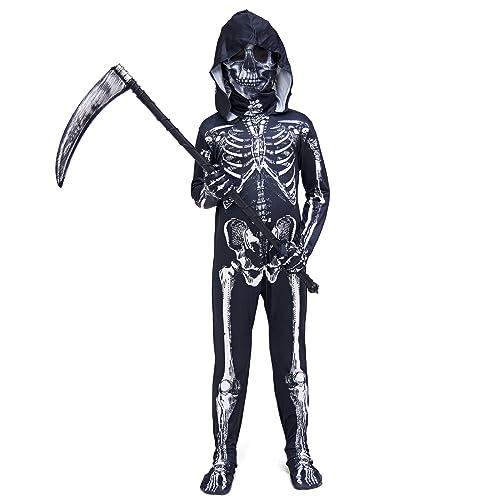 ZUCOS Tuta intera da scheletro 3D, per bambini, unisex, con ossa, costume di Halloween, integrale con maschera e falce, nero, taglia 10-12 anni