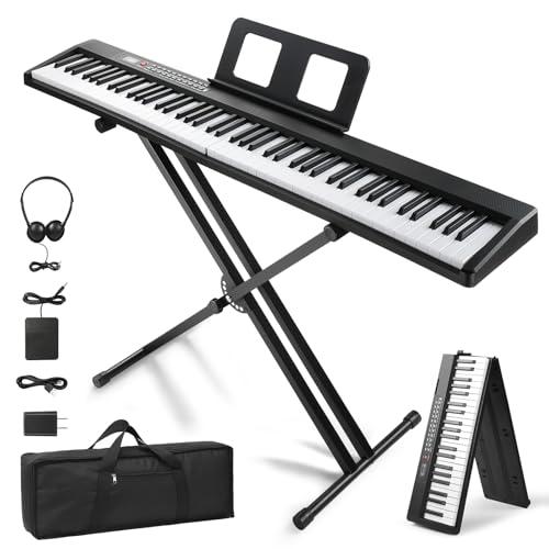 LEADZM Pianoforte Digitale Pieghevole a 88 Tasti, Tastiera Semi-Pesato, Pianoforte Elettronica con Doppia Modalità Bluetooth, 1000 Ritmi, 1000 Toni e 50 Demo per Principianti (Nero, + Supporto)