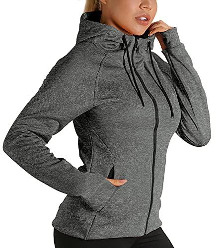 icyzone Giacca Sportiva Donna con Cappuccio,Felpa Termica con Zip e Fori per i Pollici (M,Grigio Melange)