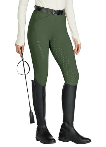 WILLIT Pantaloni da equitazione da donna in silicone, a vita alta, elasticizzati, con tasca con cerniera e passanti per cintura, Verde militare., XL