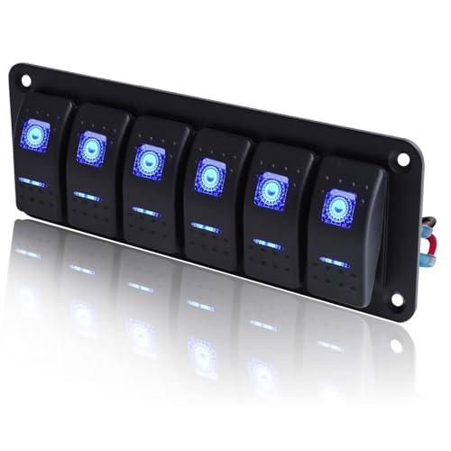 Greluma 1 pz Pannello interruttori bilanciere a 6 bande, interruttore levetta, interruttore a bilanciere precablato DC 12V-24V ON/Off, interruttore retroilluminato blu per auto, barca, auto e veicoli