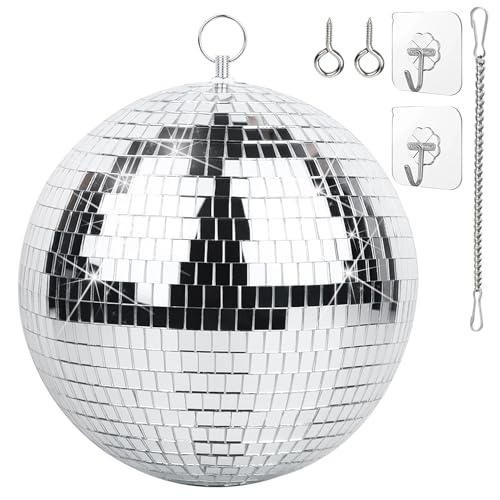 Palla da Discoteca 20 cm con Catena e Gancio – Sfera da Discoteca Specchiata Mirror Ball per Feste, DJ, Club ed Eventi, Argento