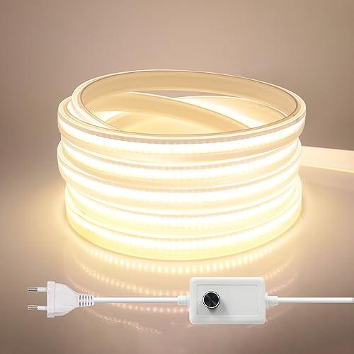 HEGEHE Striscia LED COB 220V, IP65 Impermeabile Flessibile, 288 LED/m 20m Luce Bianca 6000K Dimmerabile Striscia LED FCOB CRI90+, Illuminazione Camera da Letto Cucina Soggiorno