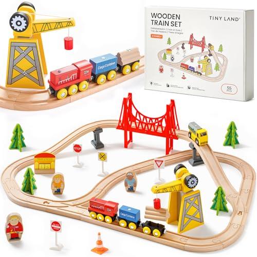 Tiny Land Set di 55 pezzi per gru e treni esclusivi, compatible con tutte le principali marche di treni in legno