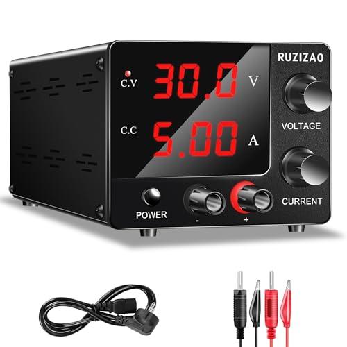 RUZIZAO Alimentatore da Banco 30V 5A, Alimentatore da Laboratorio Regolato con Manopola Encoder e LED Display a 3 Cifre, Mini Alimentatore Banco Regolabile, Alimentazione DC Regolabile da Banco