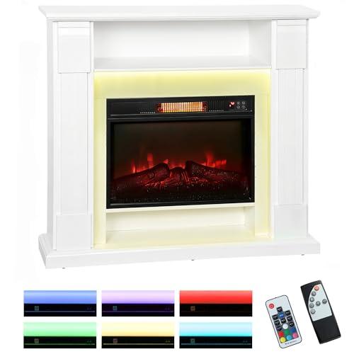 HOMCOM Camino Elettrico con Cornice Effetto Fiamma 3D Realistico 3 Modalità, 1800W Caminetto Elettrico da Incasso con Luce LED e Riscaldamento Regolabile, 2 Telecomandi, Termostato, Timer, Bianco