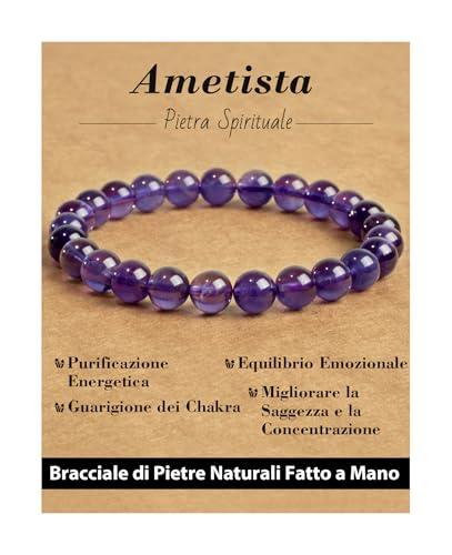 Landorilo Bracciale in Pietra Preziosa Naturale Fatto a Mano 19 cm Elastico per Donna Uomo, 8MM Pietre Gemme Rotonde Altamente Lucide Bracciali Yoga, Braccialetti Chakra Ametista