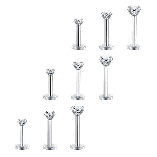MODRSA 16G 2-4mm Chiaro CZ Labret Piercing Labbro Acciaio Chirurgico Trago Helix Orecchio Piercing Anello 6-10mm 9 Pezzi