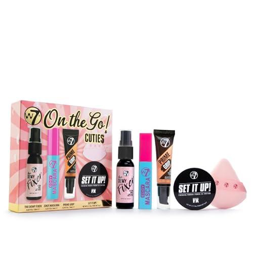 W7 On the Go Cuties - Prodotti per il trucco in formato mini con primer, mascara, spray fissante, cipria e spugnetta per trucco - Trucchi in formato da viaggio