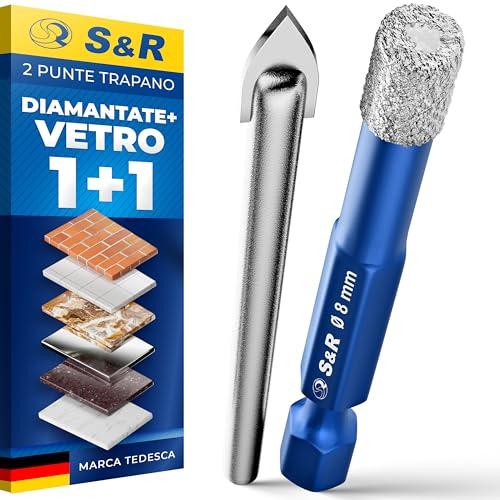 S&R Set di 2 Punte Trapano: 1 Diamantata 8mm e 1 Centraggio Vetro. Punte Gres Porcellanato Piastrelle Ceramica Granito Marmo Vetro Professionali.