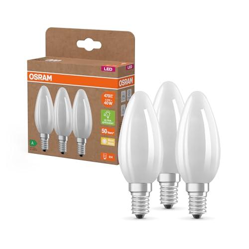OSRAM Lampade LED ad alta efficienza con classe energetica A, confezione vantaggiosa con 3 lampadine, sostituisce le tradizionali lampadine da 40W, forma a candela, bianco caldo, E14, vetro opaco