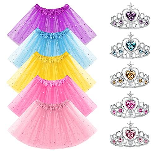 URAQT Tutu Bambina, 5 Pcs Set Principessa Tulle Gonna con 5 Corone da Principessa, Gonna Balletto Tulle con Stelle e Lustrini Costume Principessa per Feste e Danza, Carnevale Natale Halloween