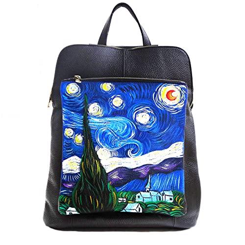 Borsa in Pelle Dipinta a Mano – LA NOTTE STELLATA DI VAN GOGH – a Spalla, a Tracolla, Zainetto, Zaino Donna, Idea Regalo, Arte Lisanti, Artigianato Italiano, Made In Italy, Vera Pelle, Tote Bag