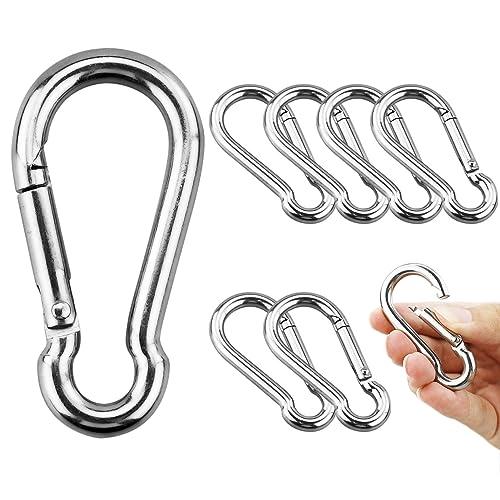 8 Pezzi Moschettoni in Acciaio inox, Moschettone 80mm x 8mm con chiusura a scatto di Moschettone per Portachiavi, Campeggio, Pesca ed Escursionismo, Capacità di Carico di 250kg/550 lb