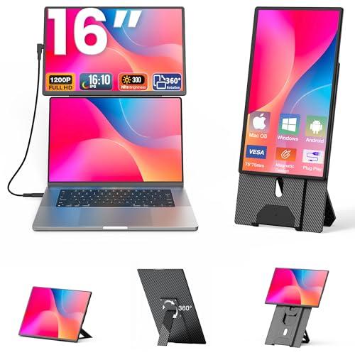 Kwumsy Monitor Portatile Per Laptop 16 Pollici, FHD 1920x1200P Doppio Monitor Portatile Per All Laptop, Con 16:10 Ultra Sottile Schermo, Supporto Girevole A 360° E Staccabile Schermo (Montabile VESA)