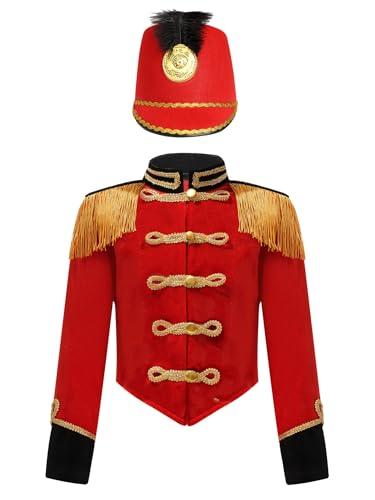 renvena Uniforme da Soldato Giocattolo per Bambini Costume da Schiaccianoci per Ragazzi Giacca da Domatore Circo Cappotto da Showman con Nappa e Cappello Rosso A 9-10 anni