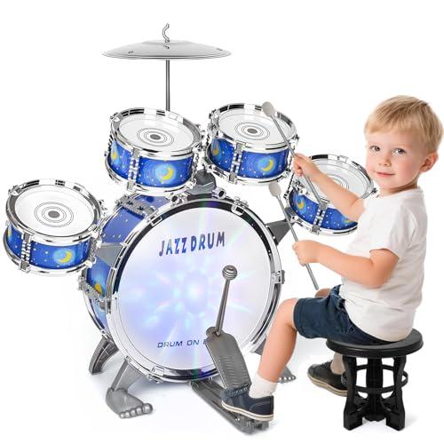 Batteria Bambini Giocattolo, 5 Tamburi Batteria Jazz Kit Strumento Musicale Percussione Educativo Giocattolo con Sgabello per 3 4 5 Anni Principianti Ragazzi Ragazze Compleanno Natale Regali, Blu