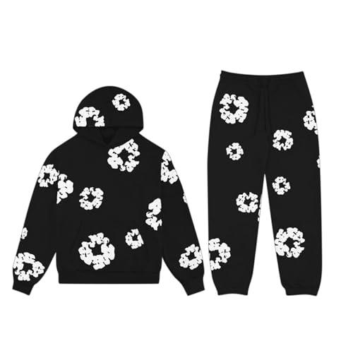 ZHGPUFF Tuta Denim Tears da Uomo/Donna Felpa con Cappuccio e Pantaloni Originali Tuta da Uomo e Donna Y2K Felpa con Cappuccio con Stampa a Fiori Pantaloni Flower(Nero,S)