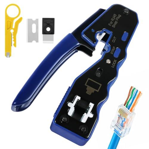 vsshe Pinza Crimpatrice RJ45 di Rete Ethernet, Crimpatrice rj45 Strumento, Connettori RJ45 Passanti di Rete 8P8C per Cavi di Rete CAT5/CAT6/CAT5E, con Taglierina, Blu