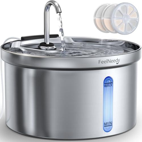 FEELNEEDY Fontanella per Gatti in Acciaio Inox 3,5 Litri Fontana d'Acqua con Rubinetto per Animali Domestici Silenziosa, con 3 Filtri e USB Spina