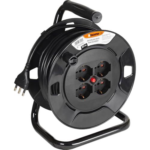 BTICINO Avvolgicavo S2620, Prolunga Elettrica 20 Metri, 4 Prese Polivalenti Schuko Bipasso, Spina Grande 16A, Interruttore Termico, Maniglia Ergonomica, Ferma Cavo e Avvolgicavo, Full Black